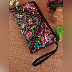 Chinese Vintage Embroidered Black Clutch with Multicolor Floral Design